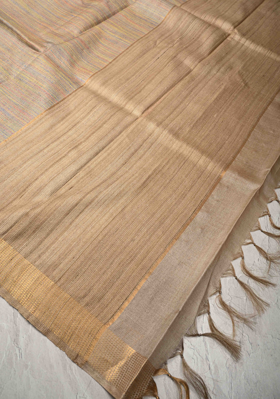 Gray Knit Finish Pure Tussar Silk Saree With Minimal Zari Border | SILK MARK CERTIFIED