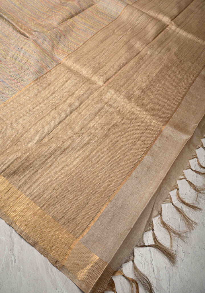 Gray Knit Finish Pure Tussar Silk Saree With Minimal Zari Border | SILK MARK CERTIFIED