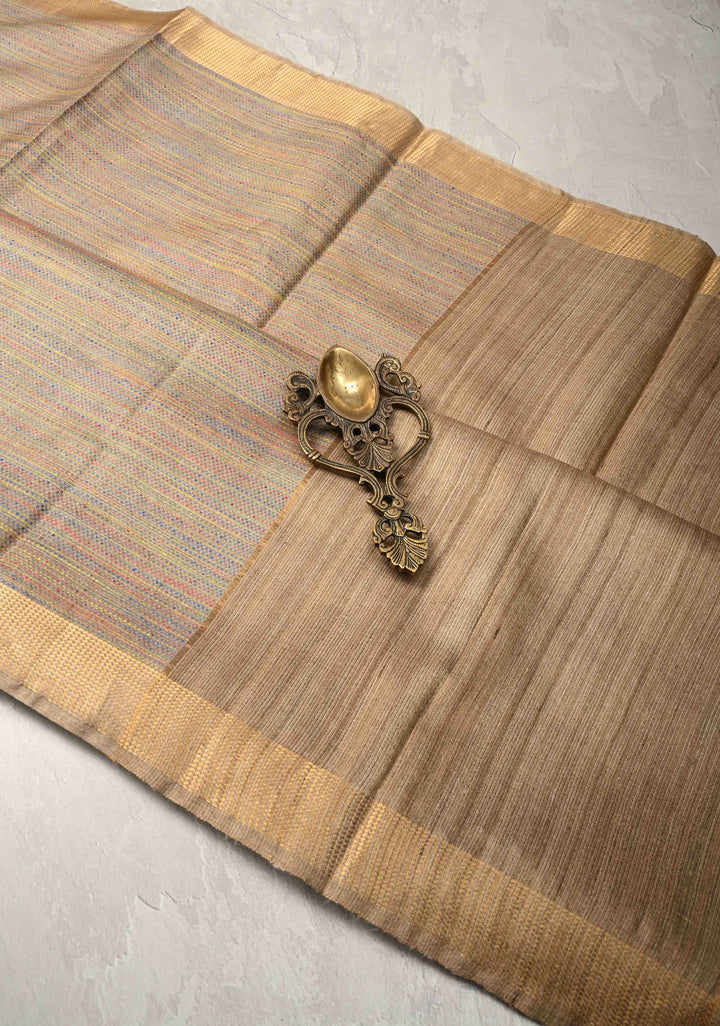 Gray Knit Finish Pure Tussar Silk Saree With Minimal Zari Border | SILK MARK CERTIFIED