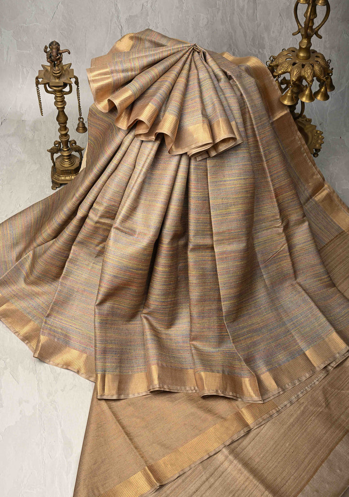 Gray Knit Finish Pure Tussar Silk Saree With Minimal Zari Border | SILK MARK CERTIFIED