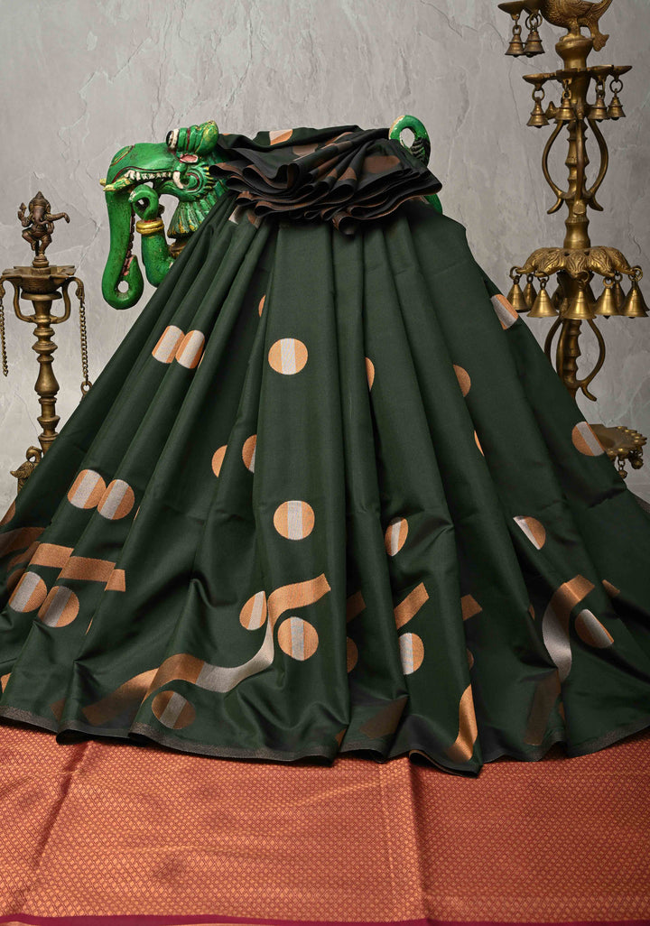 Dark Green Kanchi Semi Silk Saree with Gold silver Zari Buttas and Border Less