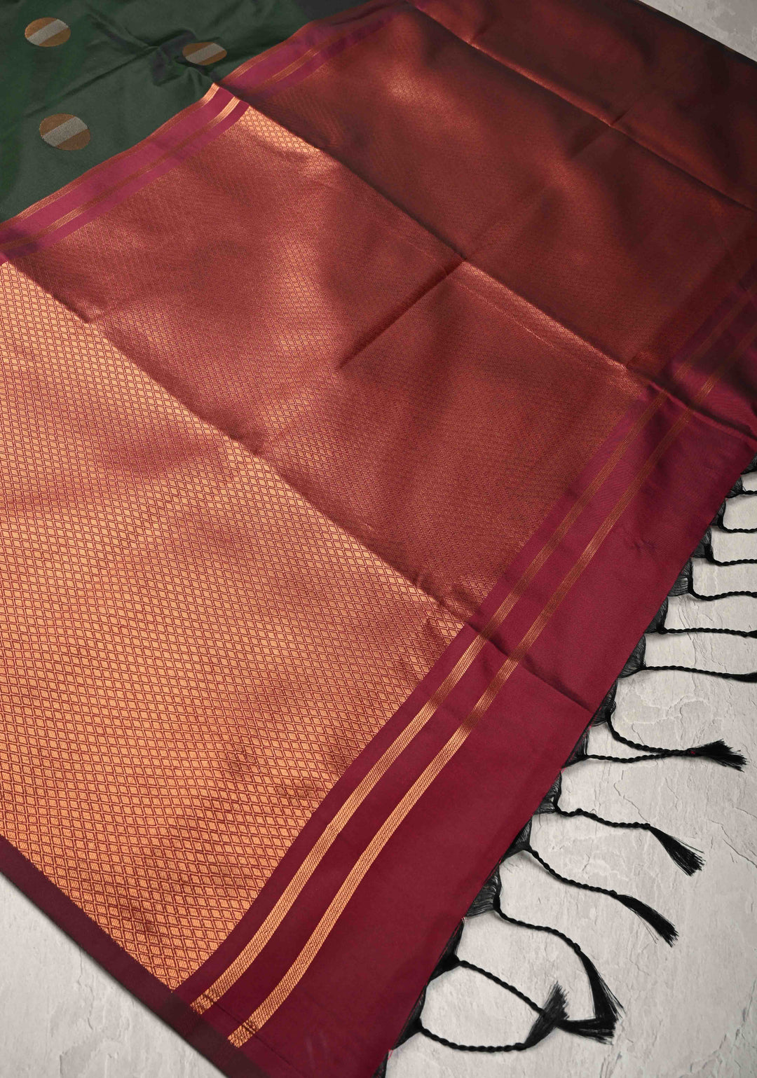 Dark Green Kanchi Semi Silk Saree with Gold silver Zari Buttas and Border Less