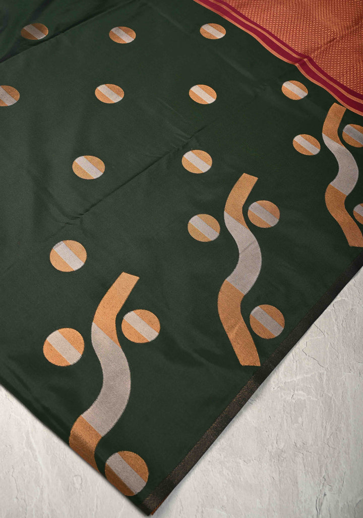 Dark Green Kanchi Semi Silk Saree with Gold silver Zari Buttas and Border Less