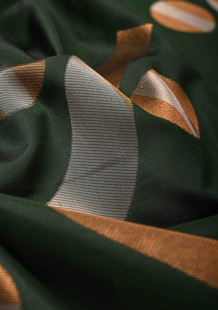 Dark Green Kanchi Semi Silk Saree with Gold silver Zari Buttas and Border Less