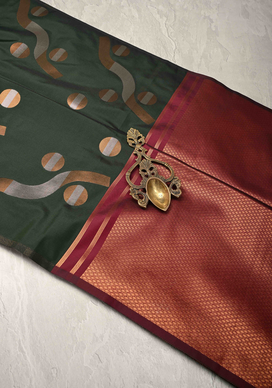 Dark Green Kanchi Semi Silk Saree with Gold silver Zari Buttas and Border Less