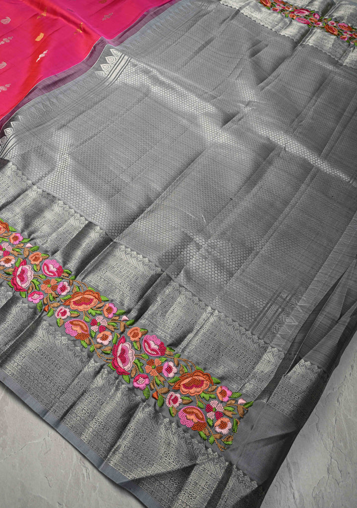 Bright Pink Gold-Silver Buttas on Pure Kanjivaram Silk Saree with Parsi Gara Machine Embroidery on Rettaipet Border | SILK MARK CERTIFIED