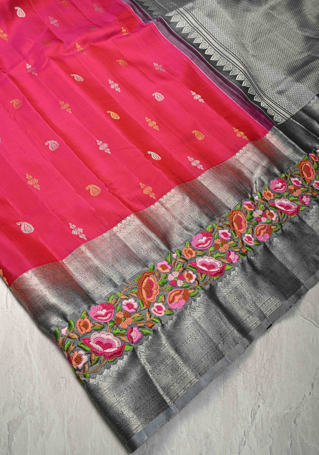 Bright Pink Gold-Silver Buttas on Pure Kanjivaram Silk Saree with Parsi Gara Machine Embroidery on Rettaipet Border | SILK MARK CERTIFIED