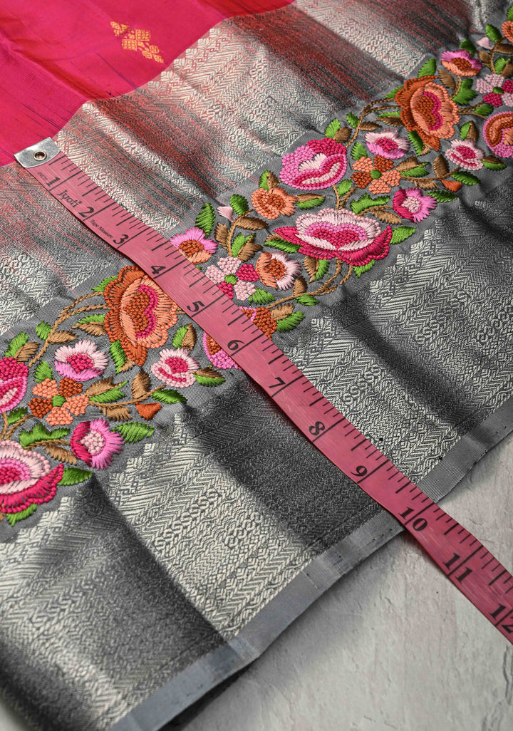 Bright Pink Gold-Silver Buttas on Pure Kanjivaram Silk Saree with Parsi Gara Machine Embroidery on Rettaipet Border | SILK MARK CERTIFIED