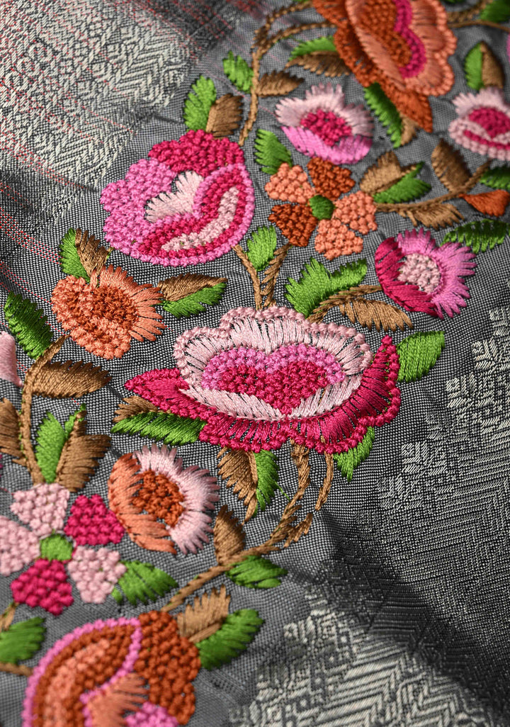 Bright Pink Gold-Silver Buttas on Pure Kanjivaram Silk Saree with Parsi Gara Machine Embroidery on Rettaipet Border | SILK MARK CERTIFIED