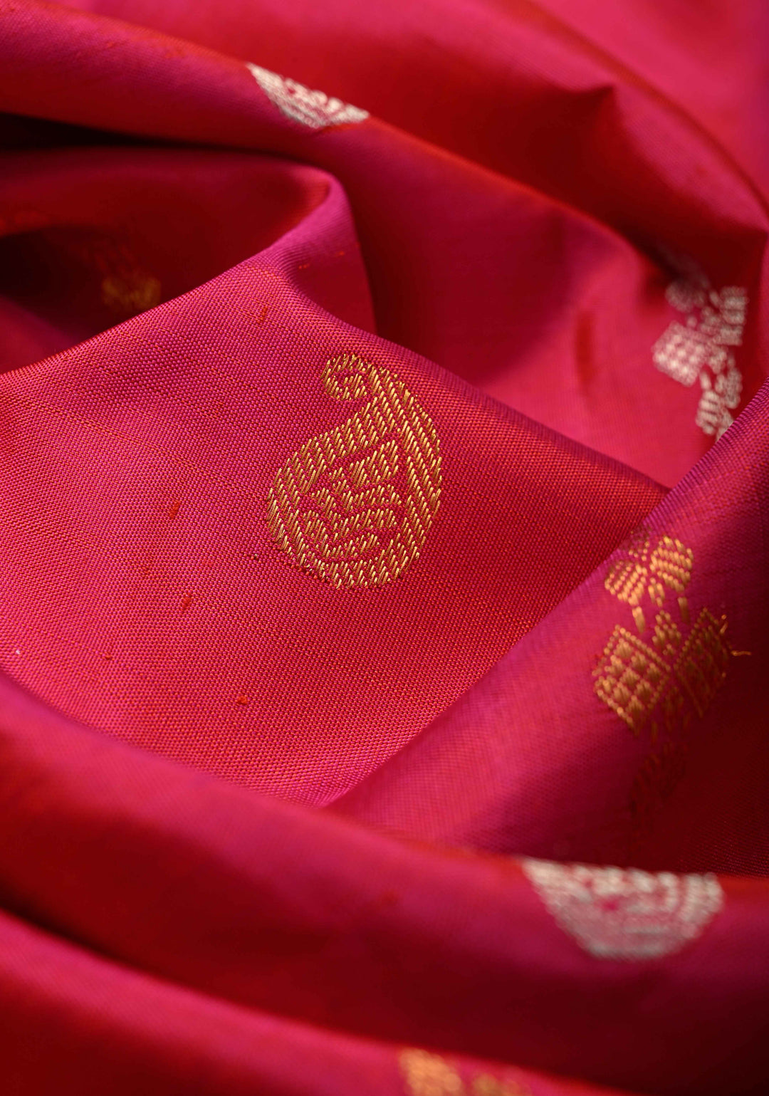 Bright Pink Gold-Silver Buttas on Pure Kanjivaram Silk Saree with Parsi Gara Machine Embroidery on Rettaipet Border | SILK MARK CERTIFIED