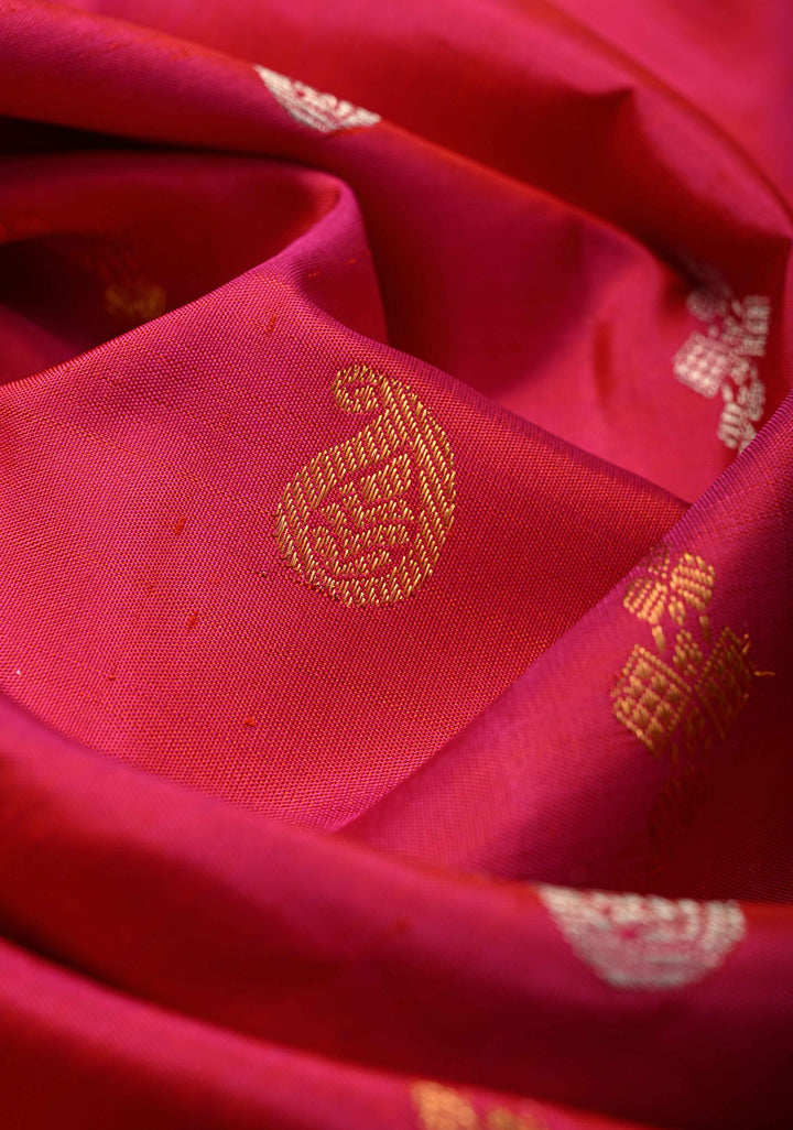 Bright Pink Gold-Silver Buttas on Pure Kanjivaram Silk Saree with Parsi Gara Machine Embroidery on Rettaipet Border | SILK MARK CERTIFIED