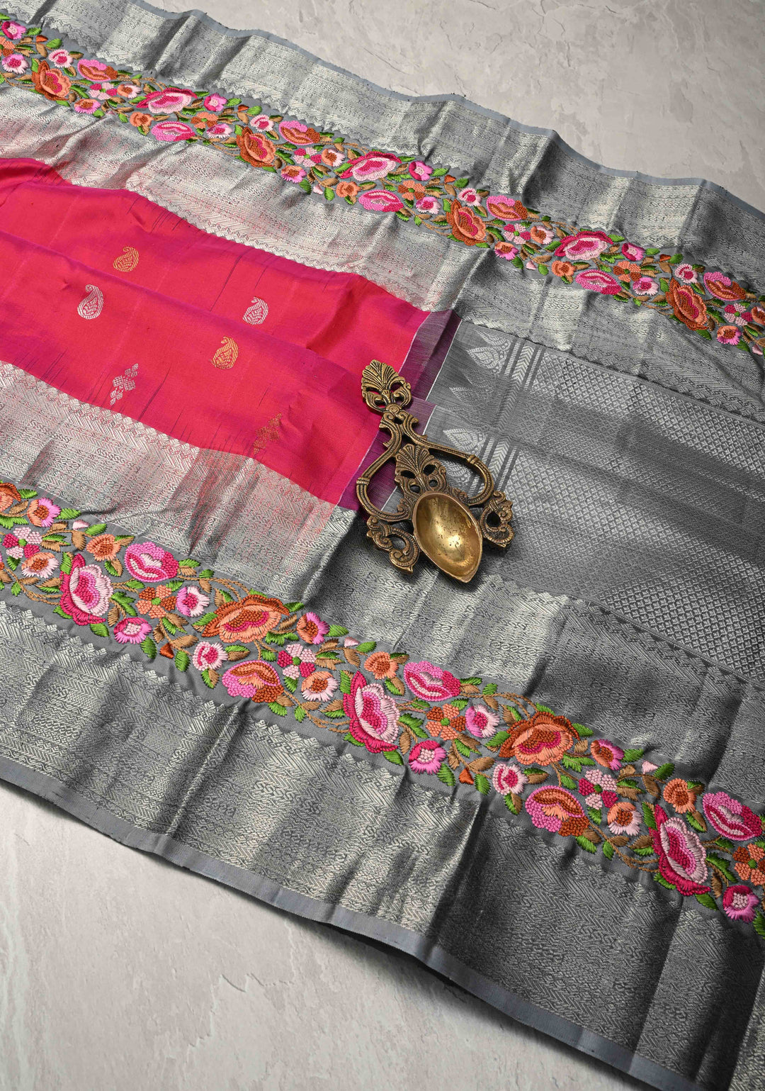 Bright Pink Gold-Silver Buttas on Pure Kanjivaram Silk Saree with Parsi Gara Machine Embroidery on Rettaipet Border | SILK MARK CERTIFIED