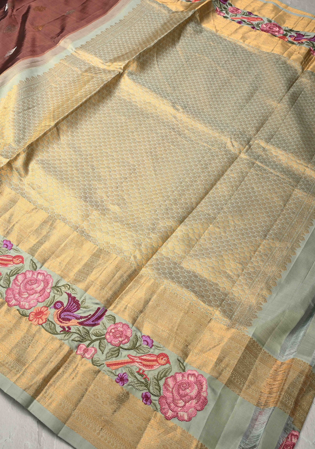 Dusty Copper Gold-Silver Buttas on Pure Kanjivaram Silk Saree with Parsi Gara Machine Embroidery on Rettaipet Border | SILK MARK CERTIFIED