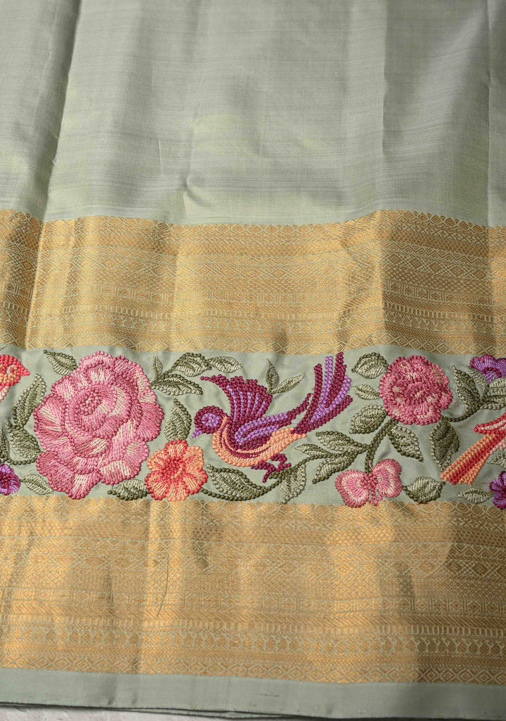 Dusty Copper Gold-Silver Buttas on Pure Kanjivaram Silk Saree with Parsi Gara Machine Embroidery on Rettaipet Border | SILK MARK CERTIFIED