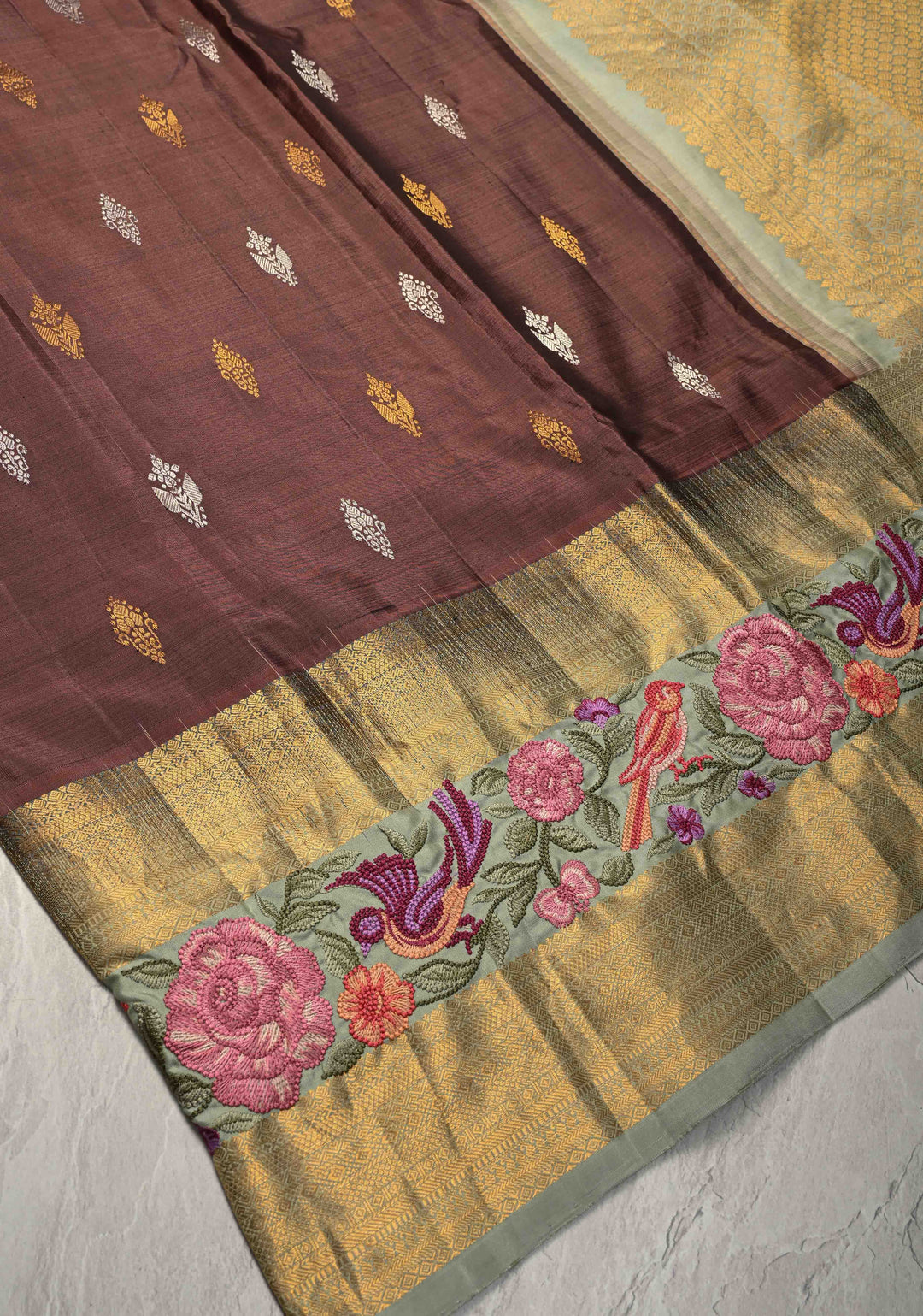 Dusty Copper Gold-Silver Buttas on Pure Kanjivaram Silk Saree with Parsi Gara Machine Embroidery on Rettaipet Border | SILK MARK CERTIFIED