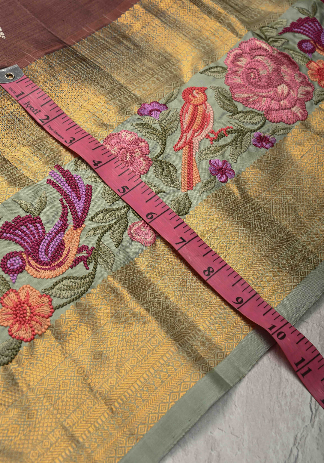 Dusty Copper Gold-Silver Buttas on Pure Kanjivaram Silk Saree with Parsi Gara Machine Embroidery on Rettaipet Border | SILK MARK CERTIFIED