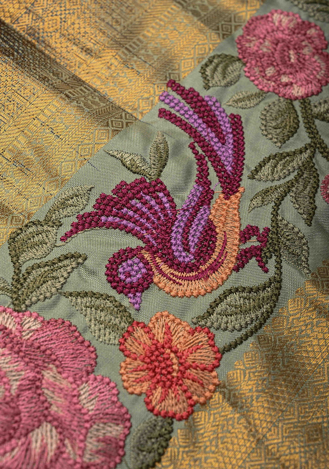 Dusty Copper Gold-Silver Buttas on Pure Kanjivaram Silk Saree with Parsi Gara Machine Embroidery on Rettaipet Border | SILK MARK CERTIFIED