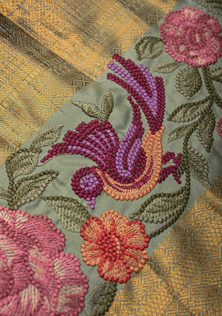 Dusty Copper Gold-Silver Buttas on Pure Kanjivaram Silk Saree with Parsi Gara Machine Embroidery on Rettaipet Border | SILK MARK CERTIFIED