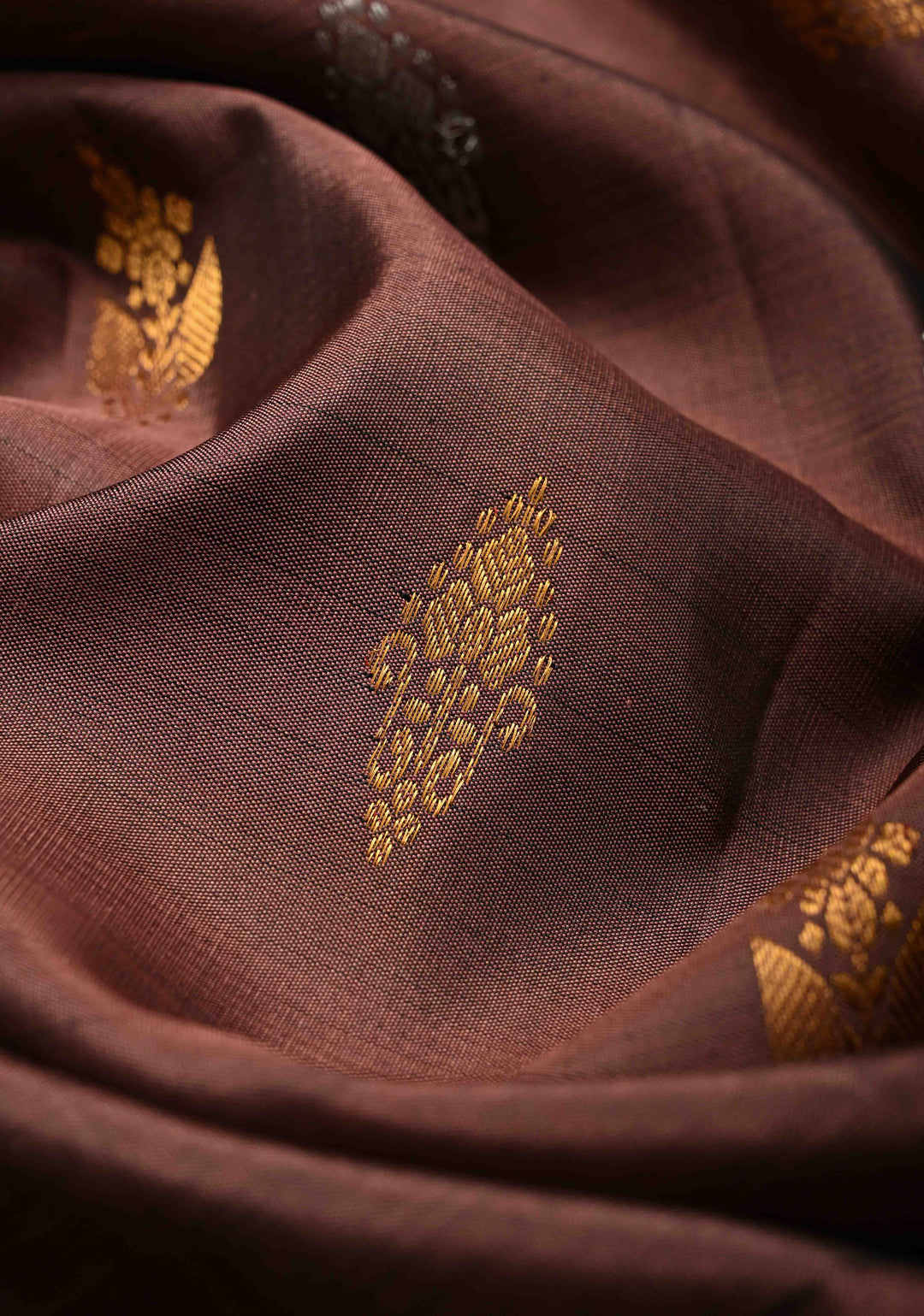 Dusty Copper Gold-Silver Buttas on Pure Kanjivaram Silk Saree with Parsi Gara Machine Embroidery on Rettaipet Border | SILK MARK CERTIFIED