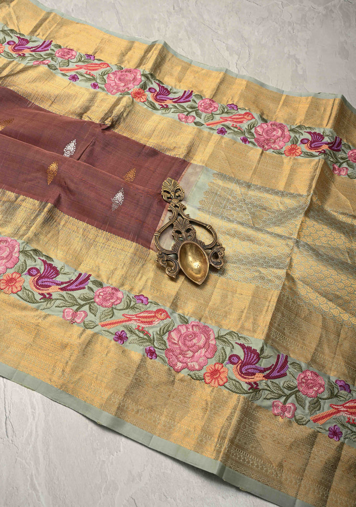 Dusty Copper Gold-Silver Buttas on Pure Kanjivaram Silk Saree with Parsi Gara Machine Embroidery on Rettaipet Border | SILK MARK CERTIFIED