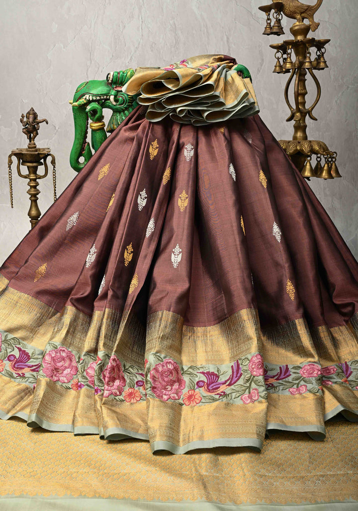 Dusty Copper Gold-Silver Buttas on Pure Kanjivaram Silk Saree with Parsi Gara Machine Embroidery on Rettaipet Border | SILK MARK CERTIFIED