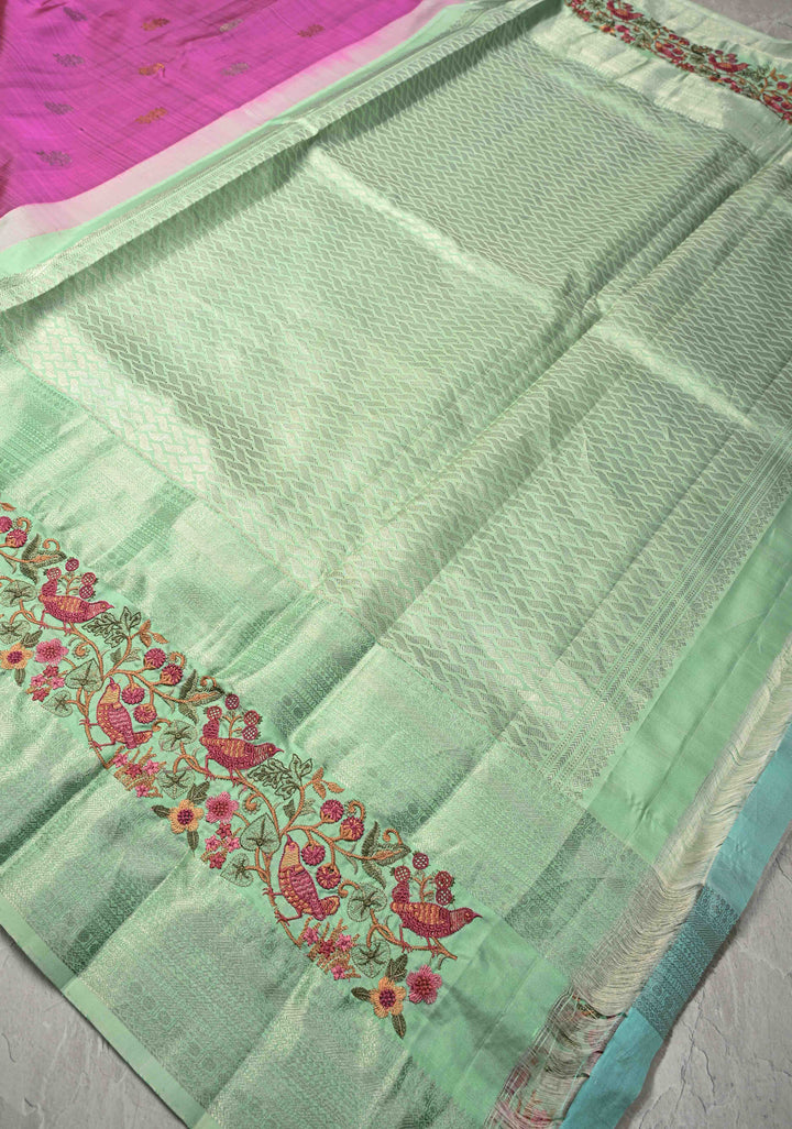 Fushsia Pink Gold-Silver Buttas on Pure Kanjivaram Silk Saree with Parsi Gara Machine Embroidery on Zari Border | SILK MARK CERTIFIED
