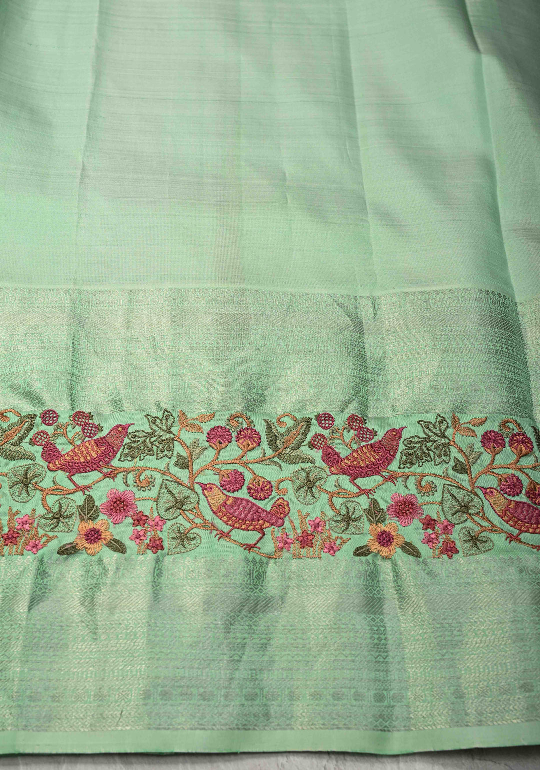 Fushsia Pink Gold-Silver Buttas on Pure Kanjivaram Silk Saree with Parsi Gara Machine Embroidery on Zari Border | SILK MARK CERTIFIED