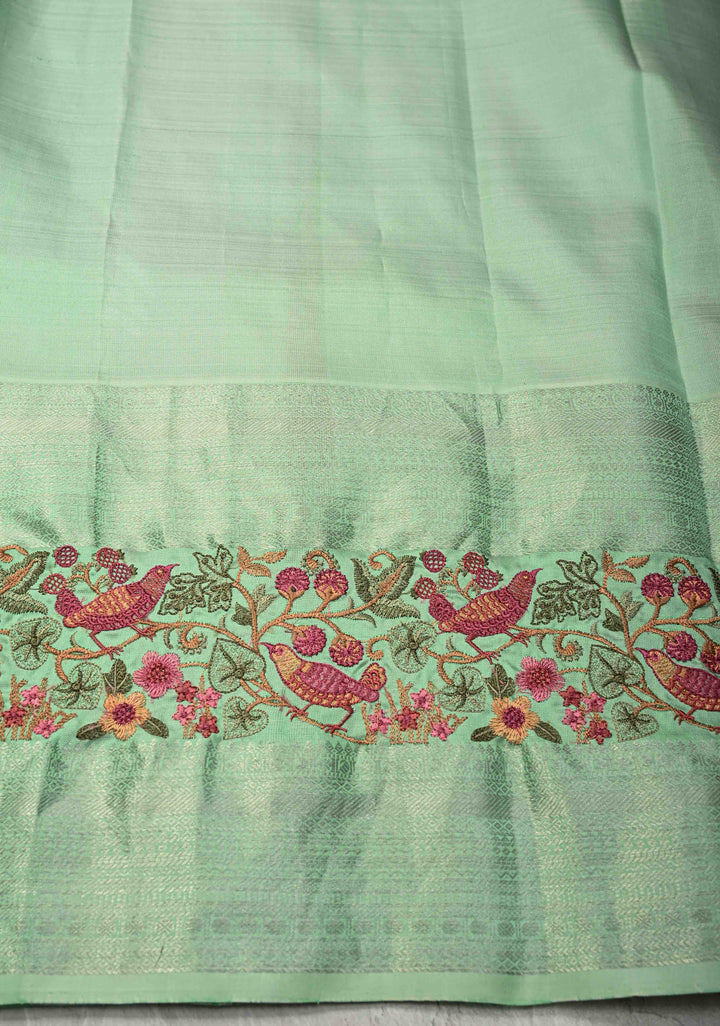 Fushsia Pink Gold-Silver Buttas on Pure Kanjivaram Silk Saree with Parsi Gara Machine Embroidery on Zari Border | SILK MARK CERTIFIED