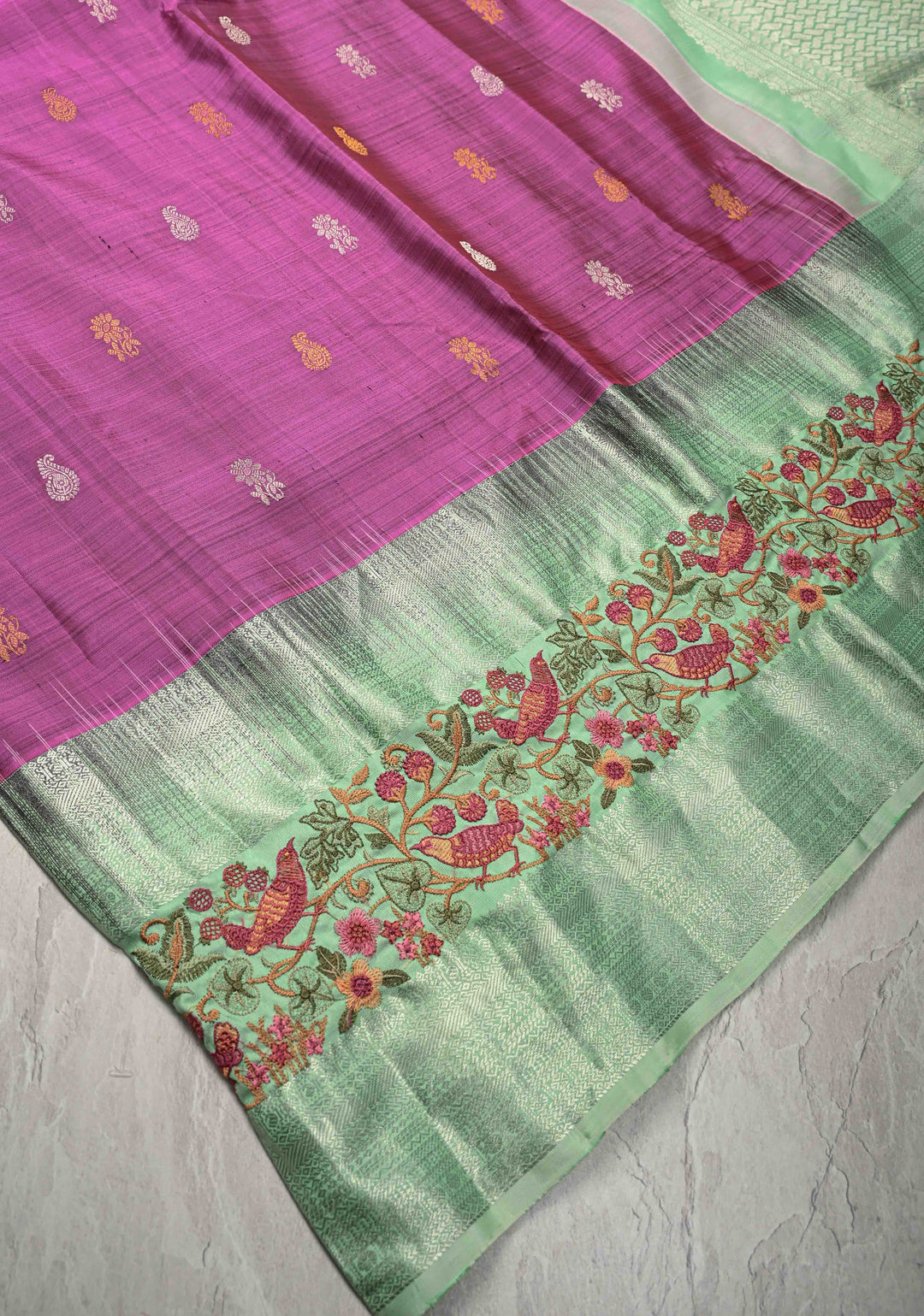 Fushsia Pink Gold-Silver Buttas on Pure Kanjivaram Silk Saree with Parsi Gara Machine Embroidery on Zari Border | SILK MARK CERTIFIED