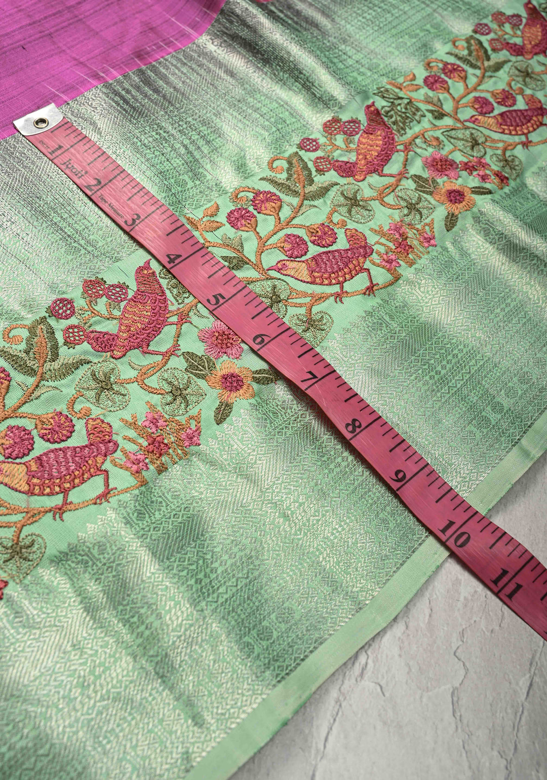 Fushsia Pink Gold-Silver Buttas on Pure Kanjivaram Silk Saree with Parsi Gara Machine Embroidery on Zari Border | SILK MARK CERTIFIED