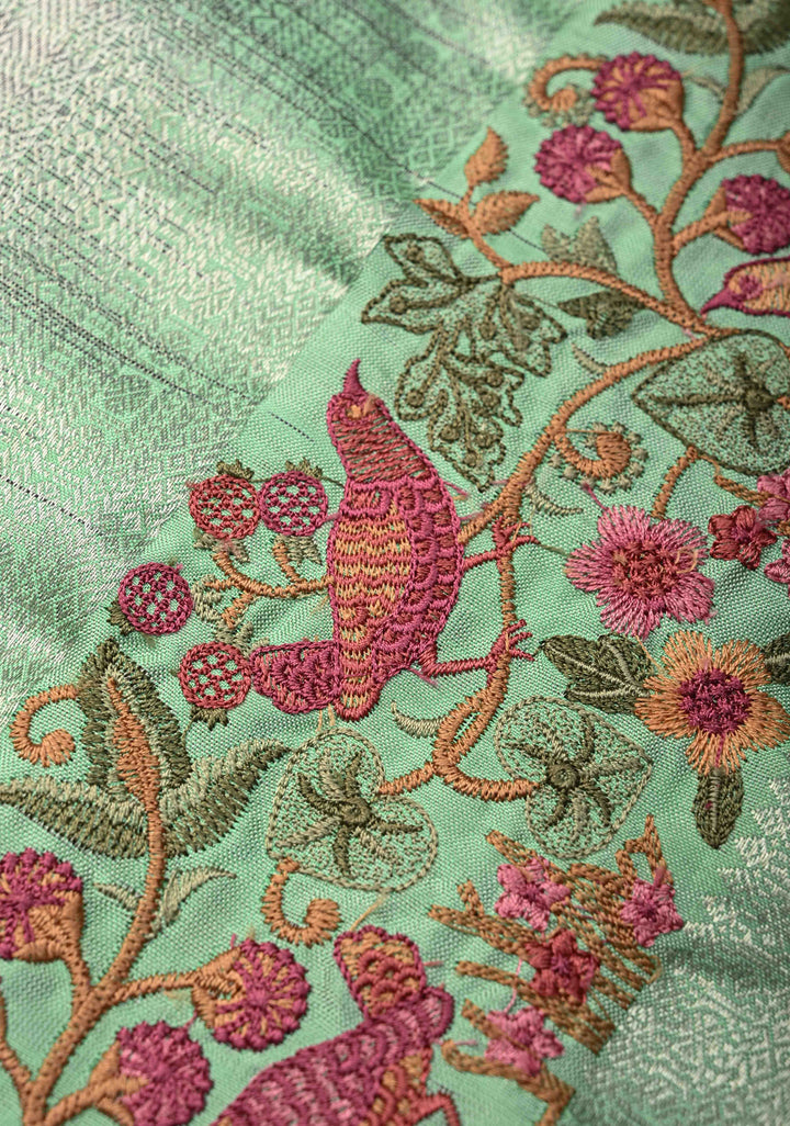 Fushsia Pink Gold-Silver Buttas on Pure Kanjivaram Silk Saree with Parsi Gara Machine Embroidery on Zari Border | SILK MARK CERTIFIED