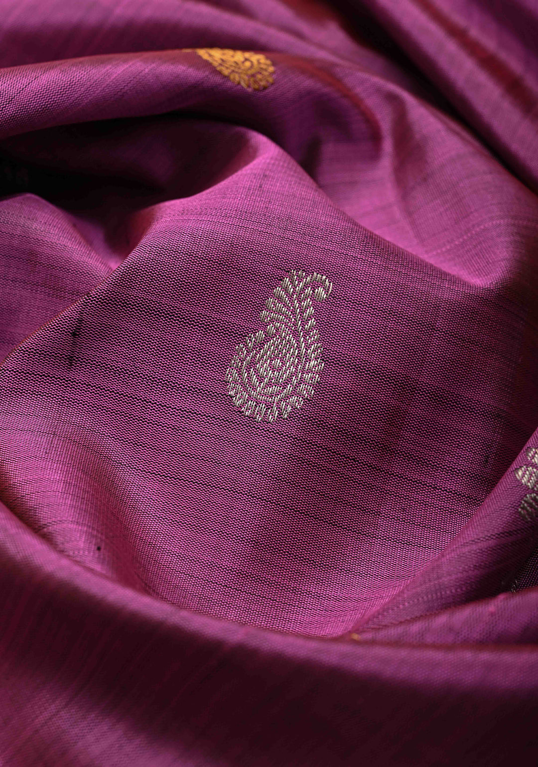 Fushsia Pink Gold-Silver Buttas on Pure Kanjivaram Silk Saree with Parsi Gara Machine Embroidery on Zari Border | SILK MARK CERTIFIED