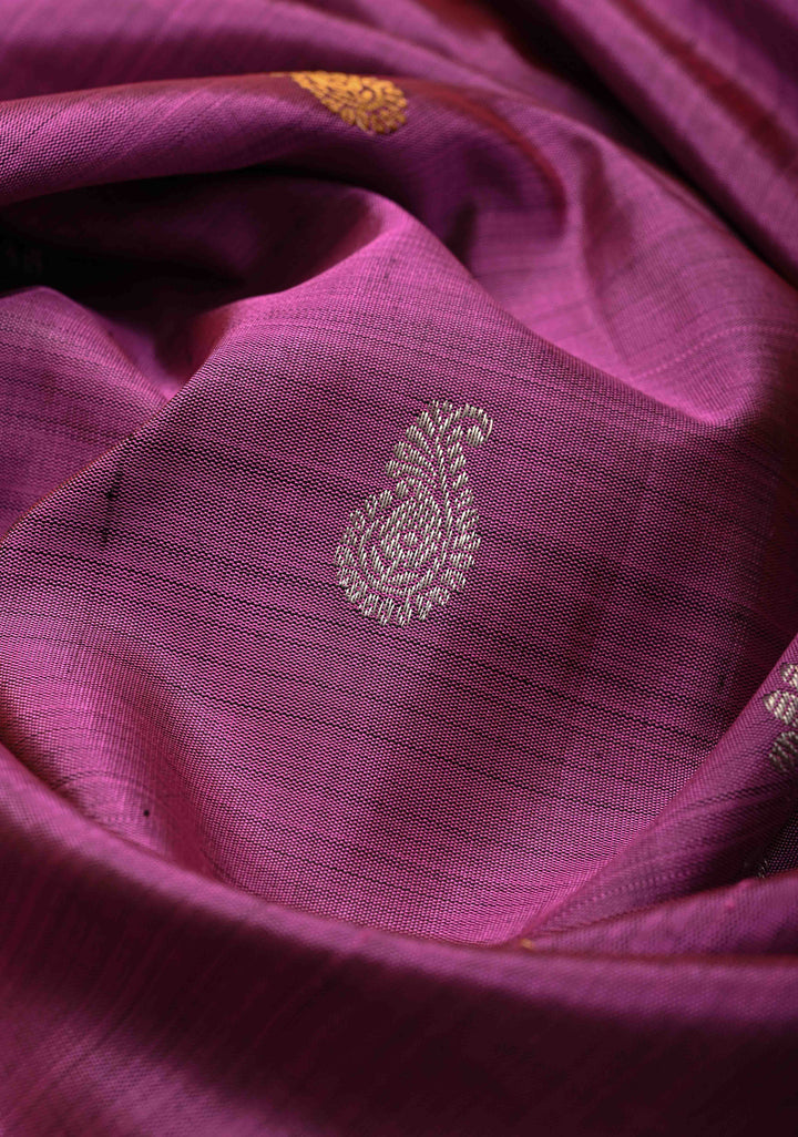 Fushsia Pink Gold-Silver Buttas on Pure Kanjivaram Silk Saree with Parsi Gara Machine Embroidery on Zari Border | SILK MARK CERTIFIED