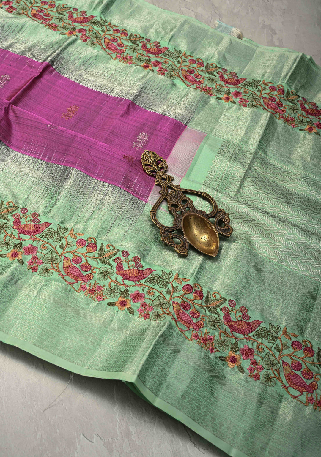 Fushsia Pink Gold-Silver Buttas on Pure Kanjivaram Silk Saree with Parsi Gara Machine Embroidery on Zari Border | SILK MARK CERTIFIED