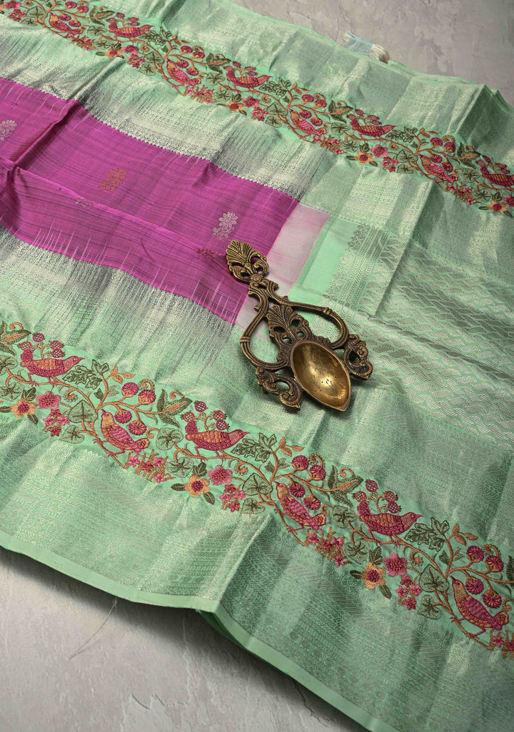 Fushsia Pink Gold-Silver Buttas on Pure Kanjivaram Silk Saree with Parsi Gara Machine Embroidery on Zari Border | SILK MARK CERTIFIED
