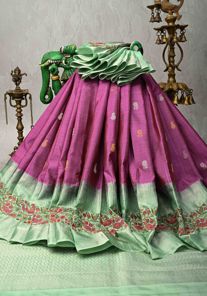 Fushsia Pink Gold-Silver Buttas on Pure Kanjivaram Silk Saree with Parsi Gara Machine Embroidery on Zari Border | SILK MARK CERTIFIED