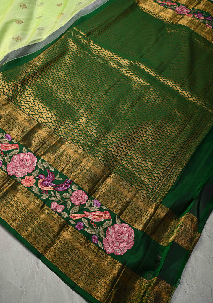 Teal Green Gold-Silver Buttas on Pure Kanjivaram Silk Saree with Parsi Gara Machine Embroidery on Rettaipet Border | SILK MARK CERTIFIED