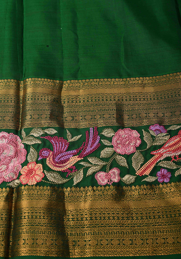 Teal Green Gold-Silver Buttas on Pure Kanjivaram Silk Saree with Parsi Gara Machine Embroidery on Rettaipet Border | SILK MARK CERTIFIED