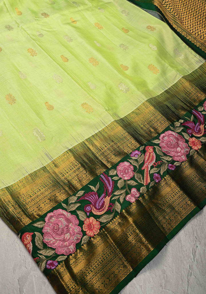 Teal Green Gold-Silver Buttas on Pure Kanjivaram Silk Saree with Parsi Gara Machine Embroidery on Rettaipet Border | SILK MARK CERTIFIED