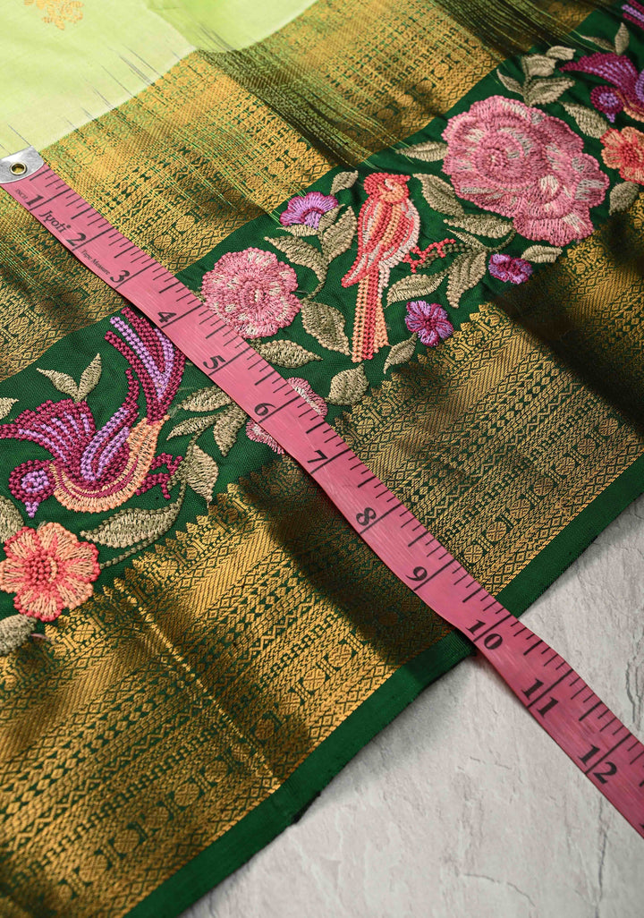 Teal Green Gold-Silver Buttas on Pure Kanjivaram Silk Saree with Parsi Gara Machine Embroidery on Rettaipet Border | SILK MARK CERTIFIED