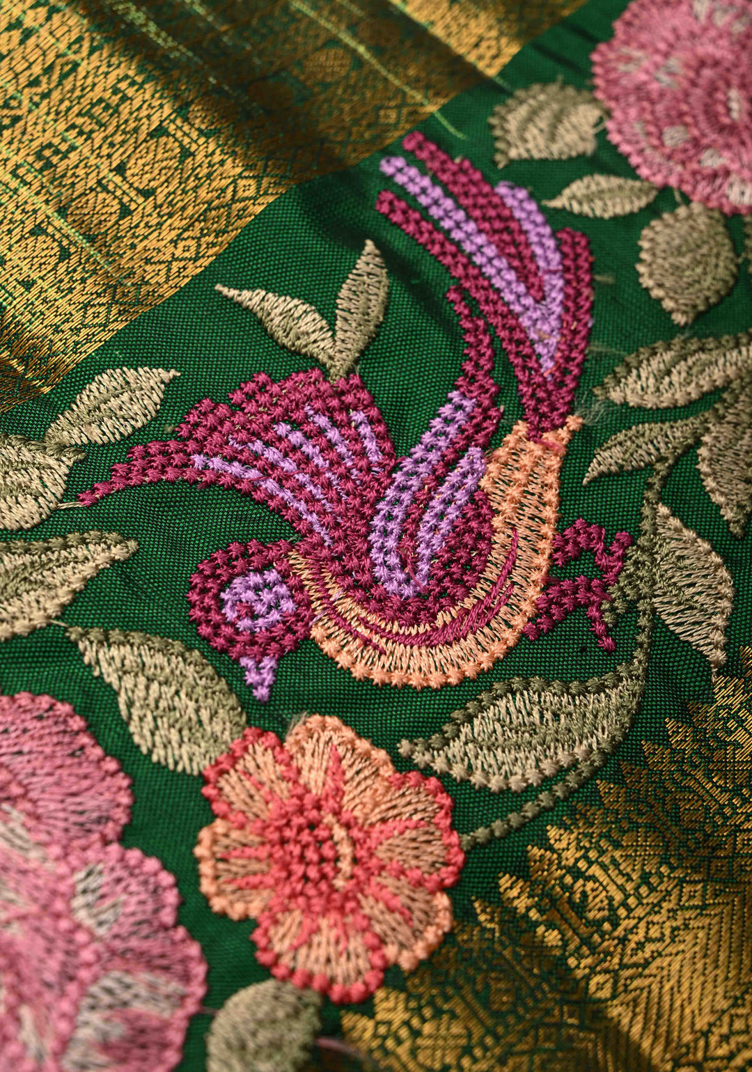 Teal Green Gold-Silver Buttas on Pure Kanjivaram Silk Saree with Parsi Gara Machine Embroidery on Rettaipet Border | SILK MARK CERTIFIED