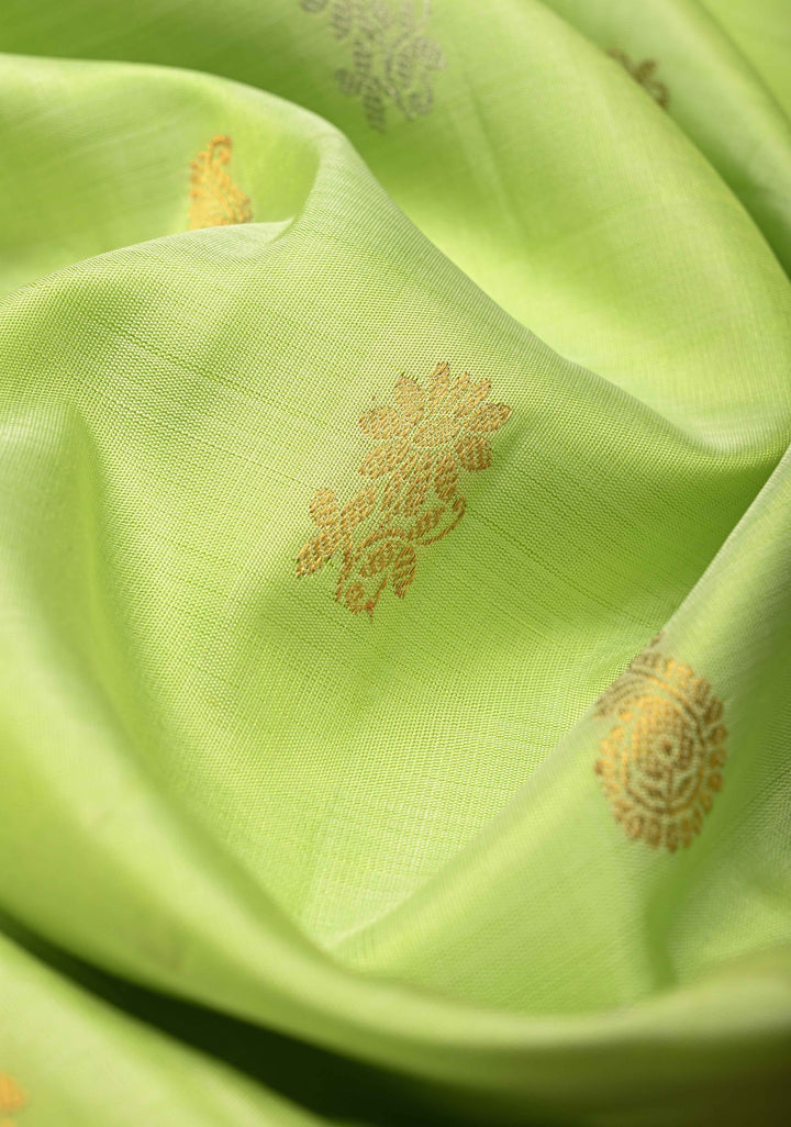 Teal Green Gold-Silver Buttas on Pure Kanjivaram Silk Saree with Parsi Gara Machine Embroidery on Rettaipet Border | SILK MARK CERTIFIED