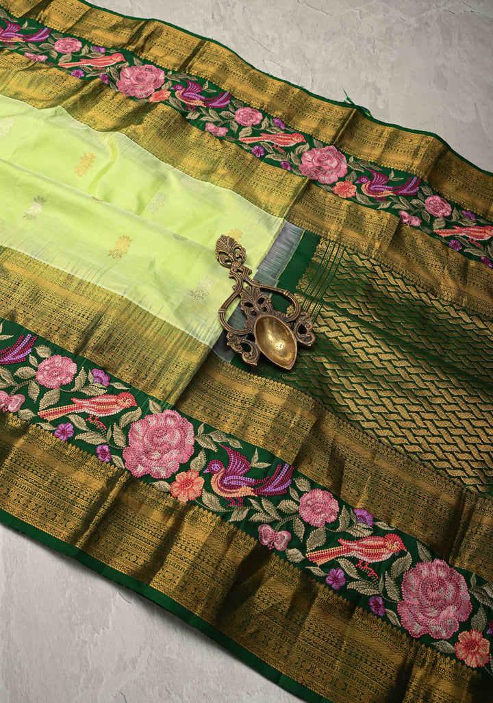 Teal Green Gold-Silver Buttas on Pure Kanjivaram Silk Saree with Parsi Gara Machine Embroidery on Rettaipet Border | SILK MARK CERTIFIED