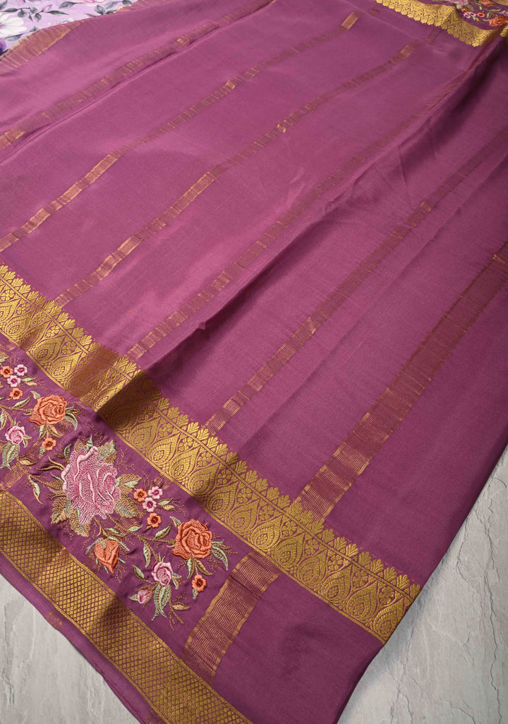 Light Lavender Mysore Silk Saree with Floral Digital Print and Machine Embroidery on Rettaipet Border | SILK MARK CERTIFIED