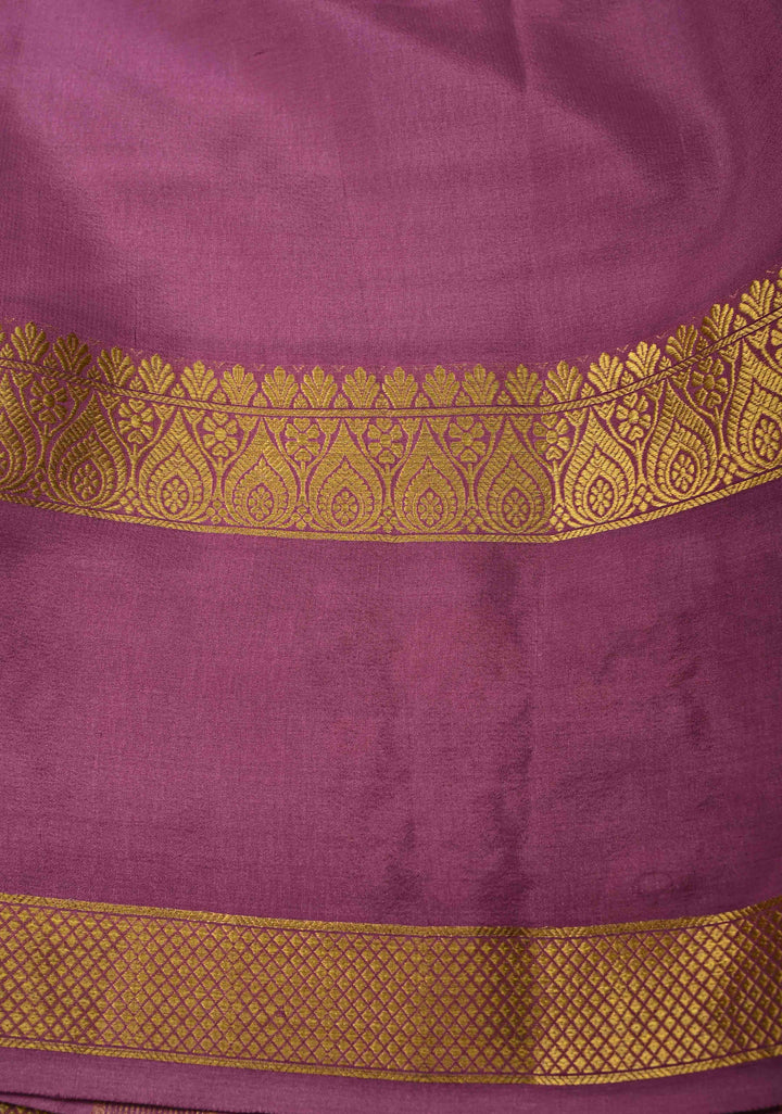 Light Lavender Mysore Silk Saree with Floral Digital Print and Machine Embroidery on Rettaipet Border | SILK MARK CERTIFIED