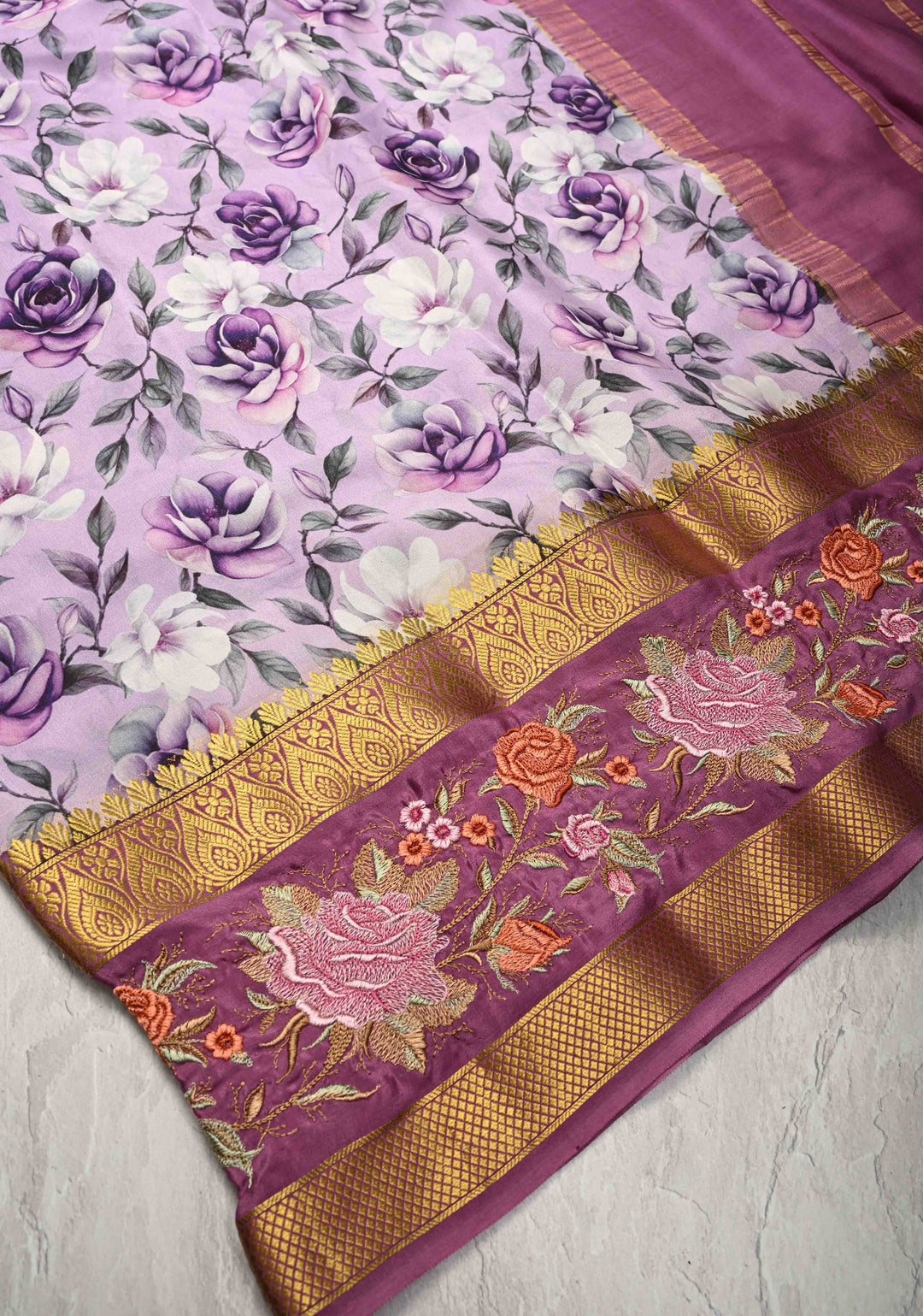 Light Lavender Mysore Silk Saree with Floral Digital Print and Machine Embroidery on Rettaipet Border | SILK MARK CERTIFIED