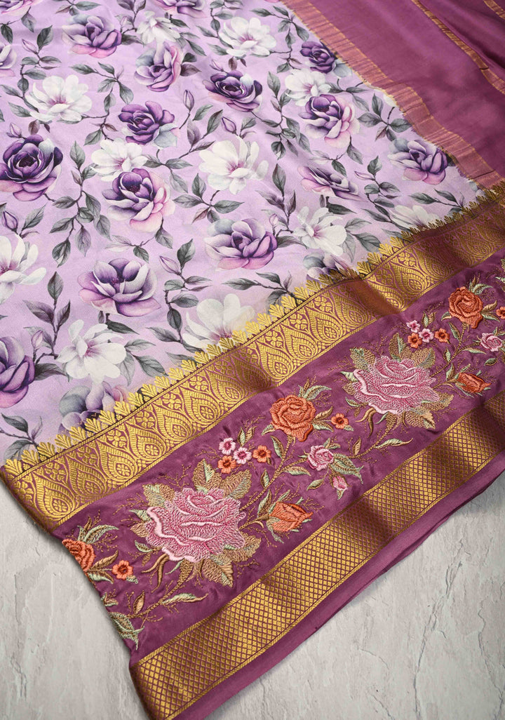 Light Lavender Mysore Silk Saree with Floral Digital Print and Machine Embroidery on Rettaipet Border | SILK MARK CERTIFIED
