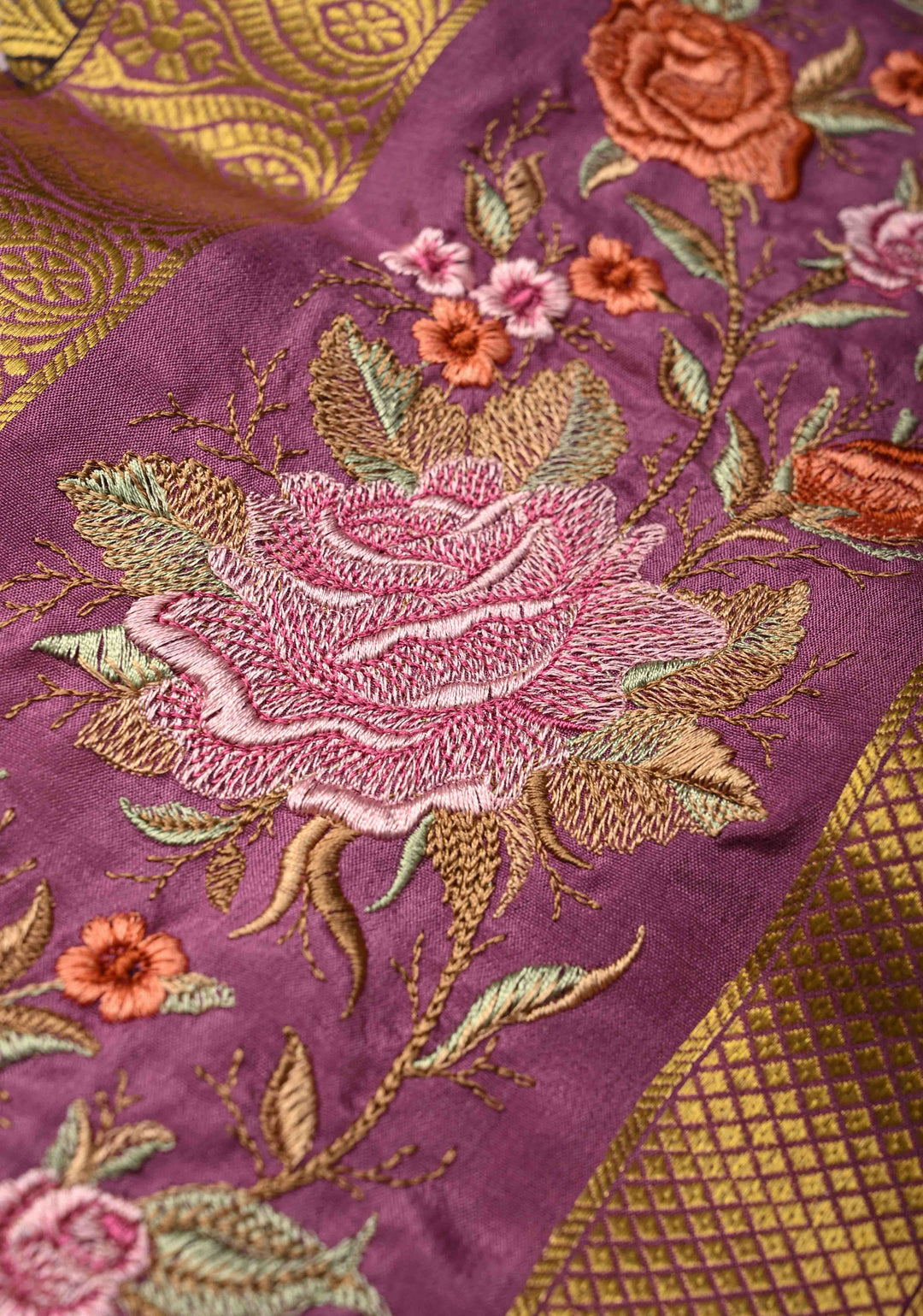 Light Lavender Mysore Silk Saree with Floral Digital Print and Machine Embroidery on Rettaipet Border | SILK MARK CERTIFIED