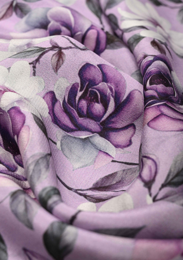 Light Lavender Mysore Silk Saree with Floral Digital Print and Machine Embroidery on Rettaipet Border | SILK MARK CERTIFIED