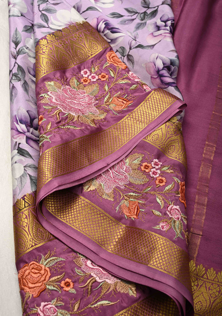 Light Lavender Mysore Silk Saree with Floral Digital Print and Machine Embroidery on Rettaipet Border | SILK MARK CERTIFIED